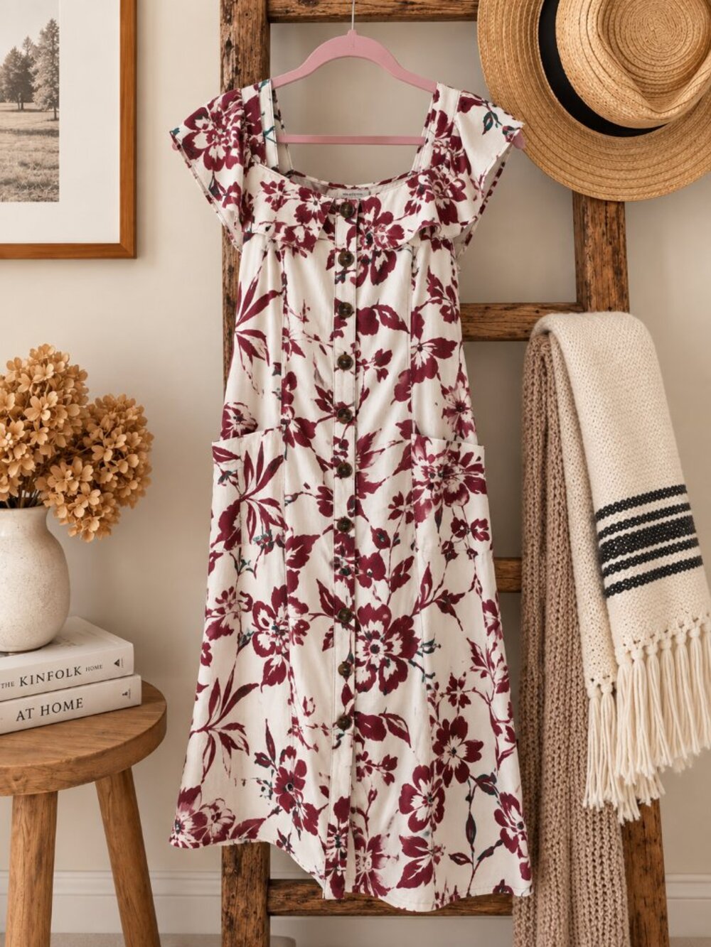 Anthropologie Oahu Floral Midi Dress Size 10 Cream Burgundy Cottagecore